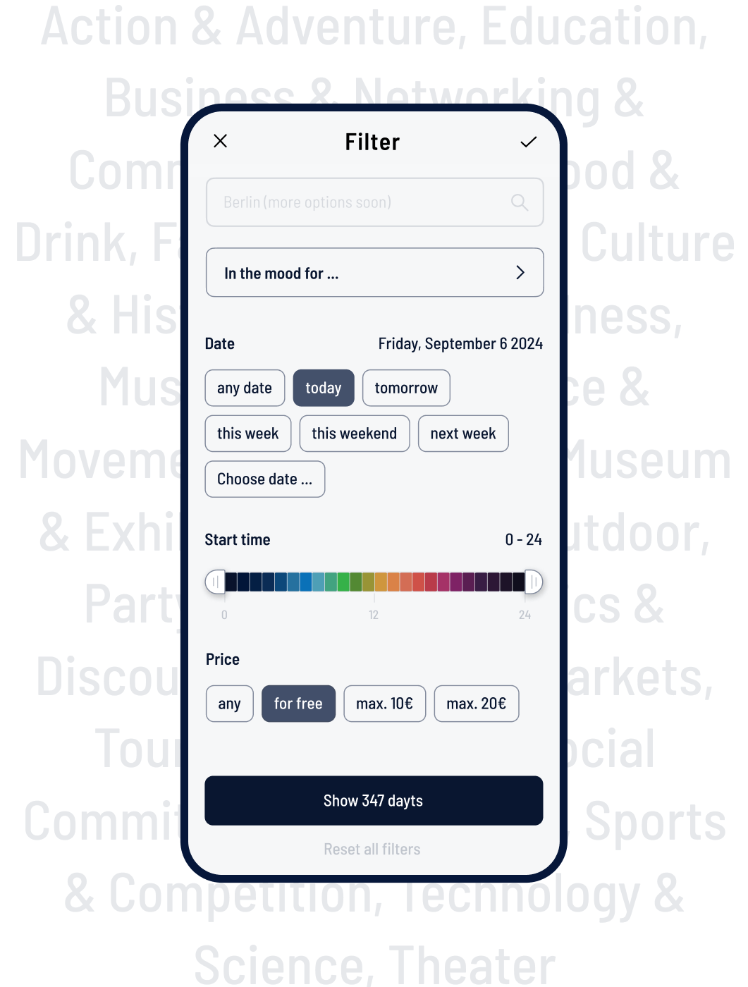 dayt-App filters at a glance, which allow you to set many parameters, e.g. city, location and radius, category, search term, date, time, age and price.